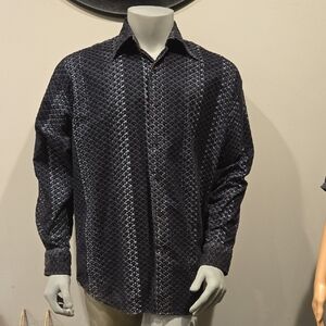 Black Casual Button Down Shirt with Geometric Pattern